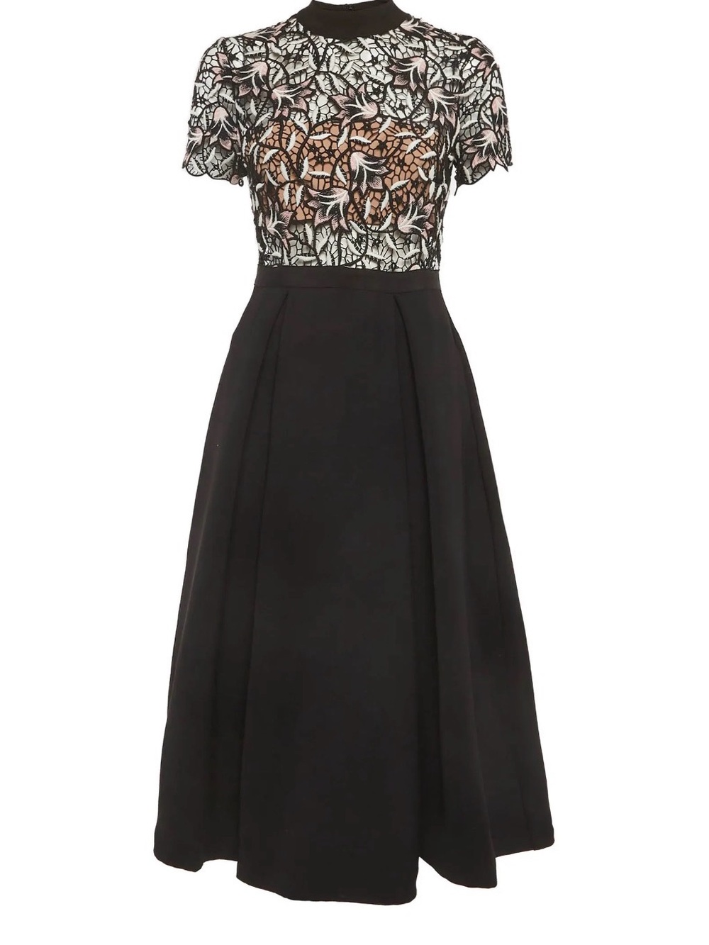 Self-Portrait Black Midi Dress with White and Pale Pink Embroidered Bodice